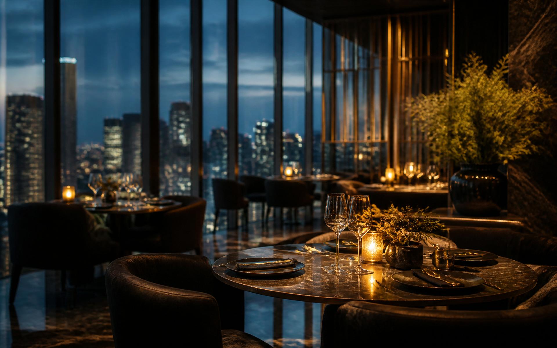 Nexarion Sky rooftop dining with city skyline at blue hour